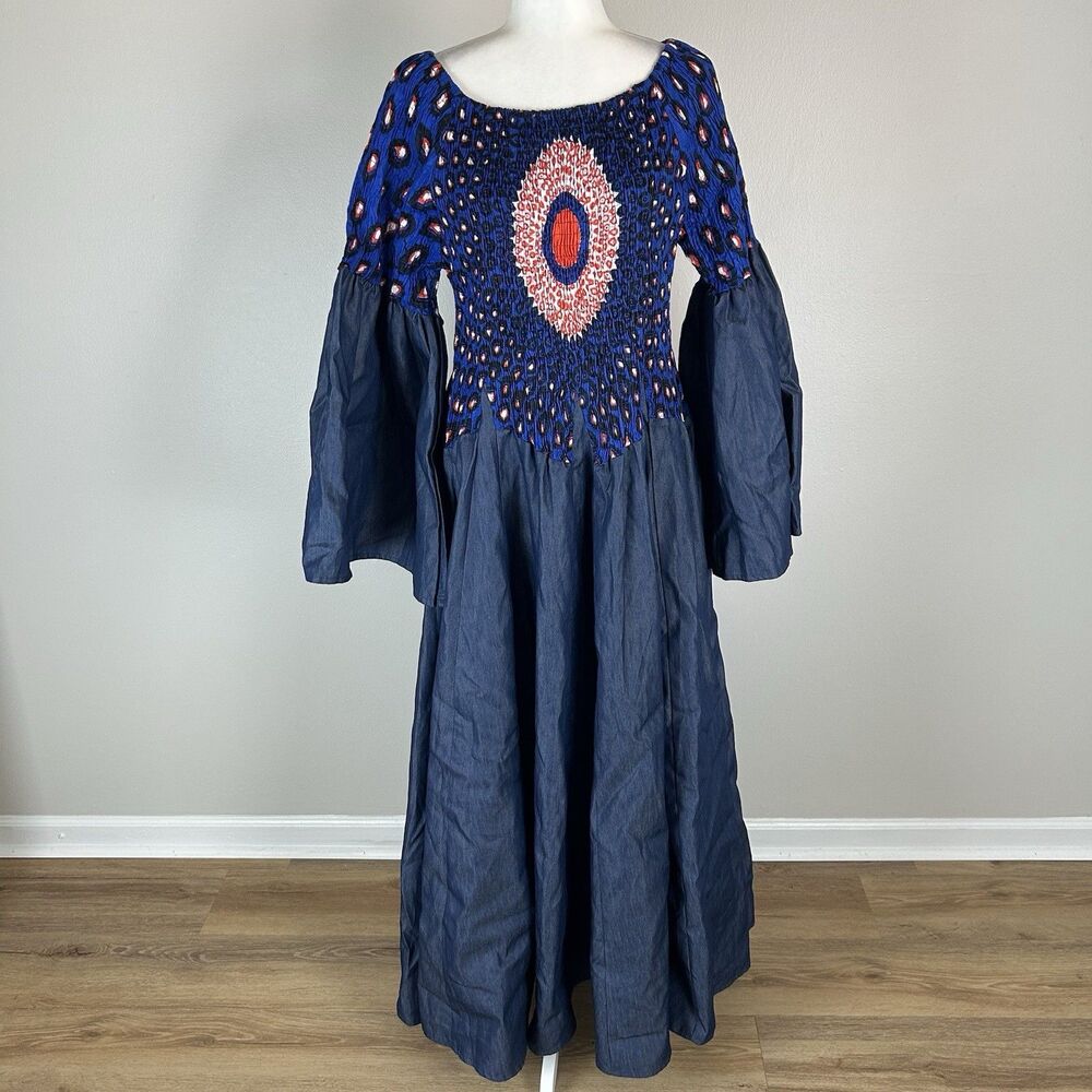 M/L Maxi Dress Peacock Flare Long Artsy Wearable Art Event Denim Jean Women’s
